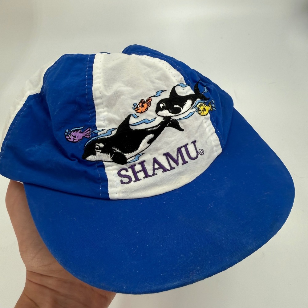 SeaWorld Shamu Hat Kids OS Blue Good Vintage 90s Nylon Embroidered Orca Cap